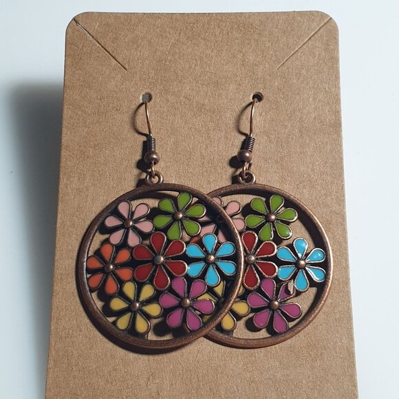 Colorful Flower Circle Drop Dangle Earrings Copper Tone Round Boho Jewelry Gift - Picture 4 of 4